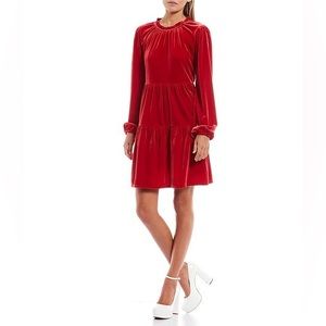 Copper Key Red Crew Neck Long Sleeve Velvet Babydoll Dress